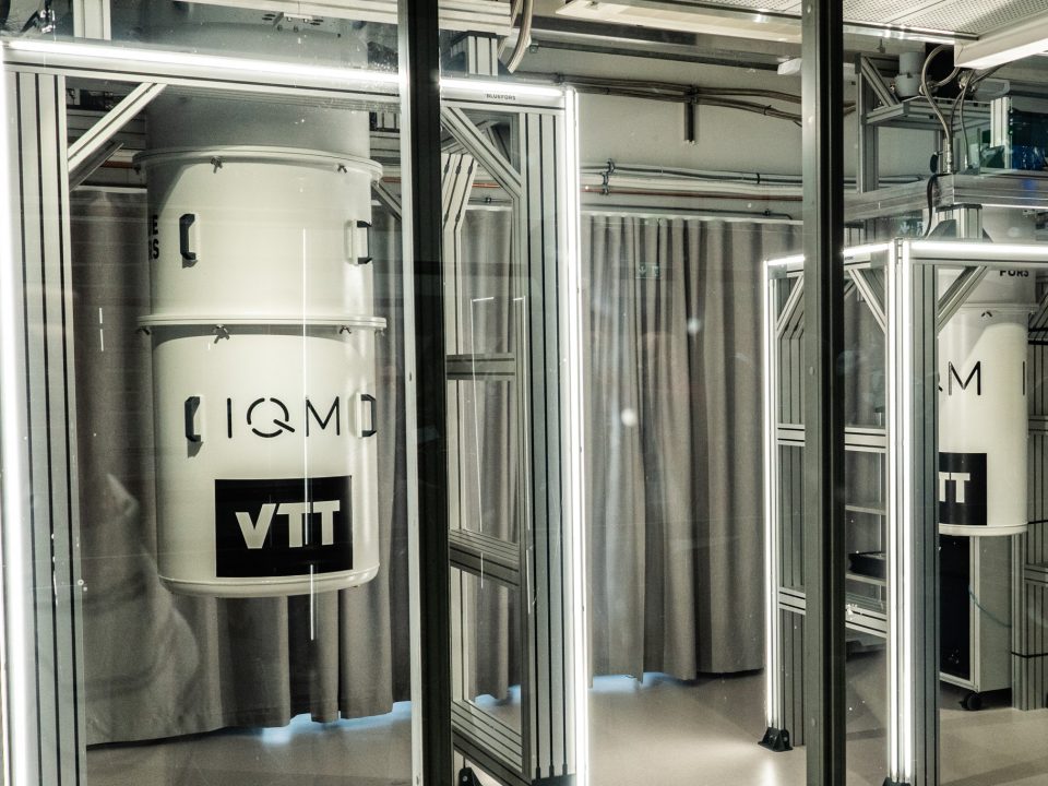 Two quantum computers sit in the their cryogenic enclosures at Micronova.