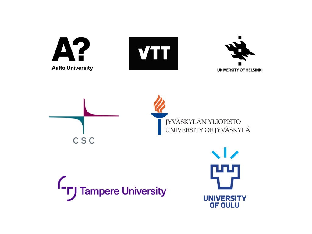 A group of logos, in order: Aalto University, VTT, University of Helsinki, CSC, University of Jyväskylä, Tampere University, and University of Oulu